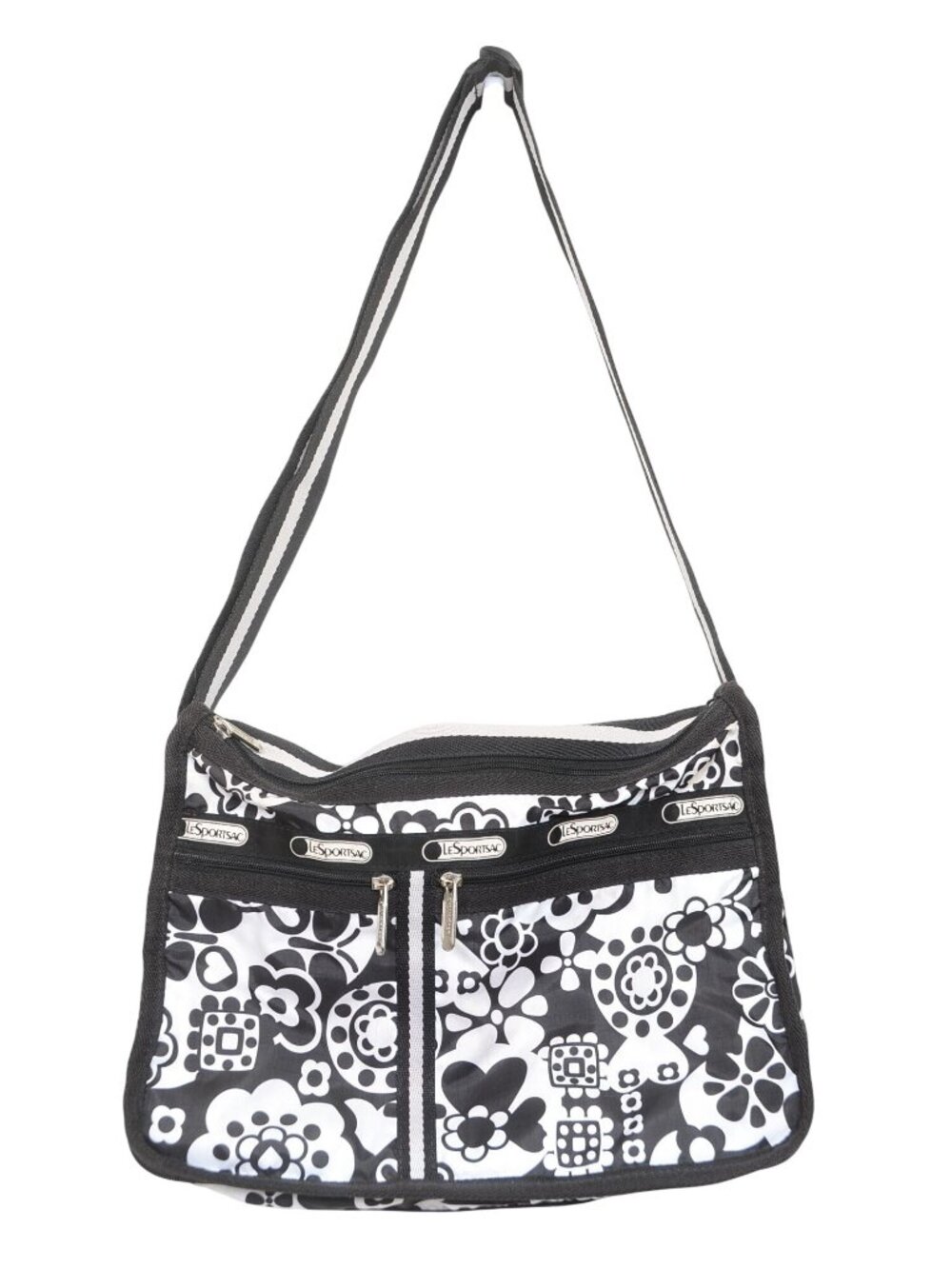 Lesportsac Deluxe Everyday Bag Black White Retro Bold Floral Crossbody Purse - Picture 2 of 9